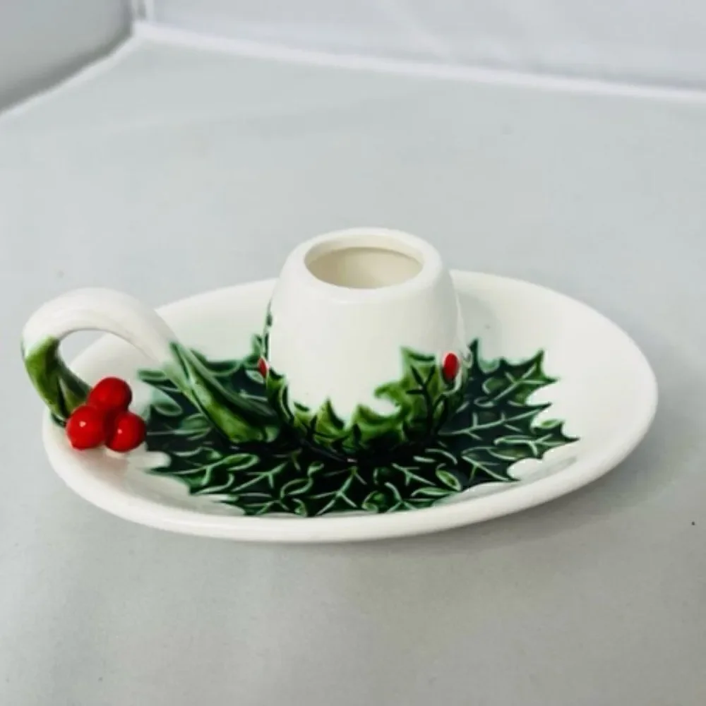 2 Lefton White Green Holly Berry Candle Holders - No 1341 The item size is 5